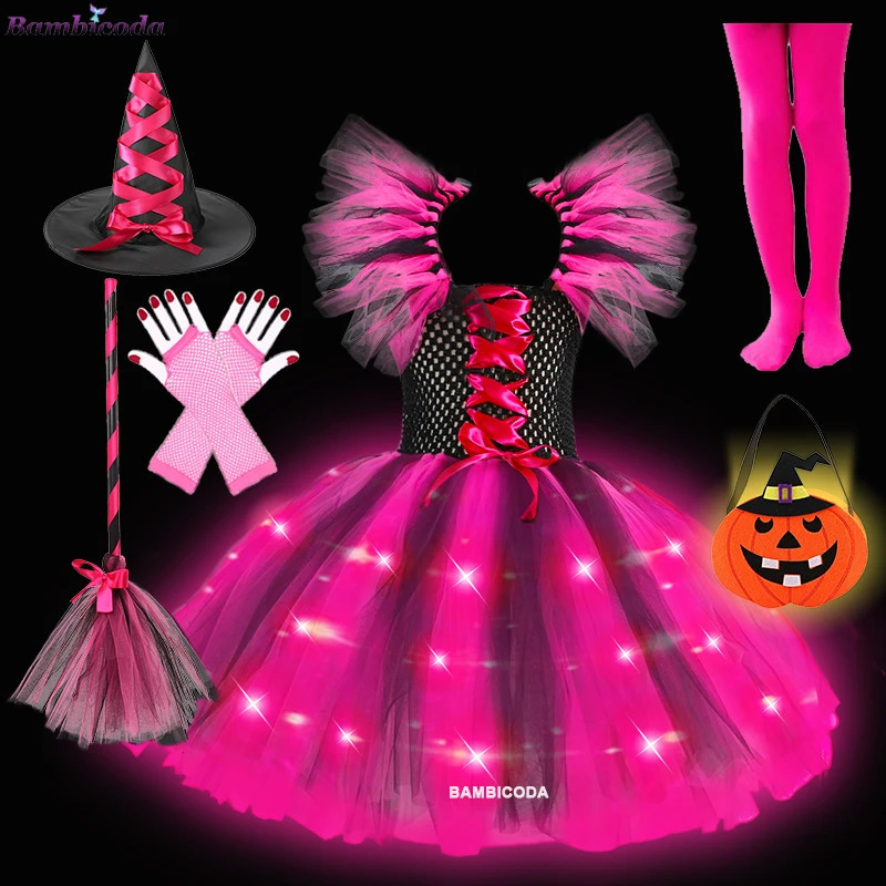 Girls Witch Dress Princess LED Dress for Girls Kids Charm Cosplay Carnival Dress Up Clothes Birthday Party Halloween Costume 240929