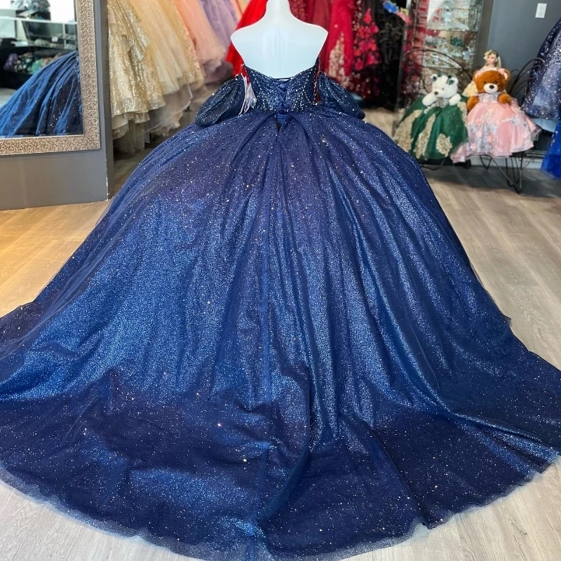Navy Blue Shiny Quinceanera Dresses Ball Gown Off Shoulder Sweet 16 Dress Beads Crystal Celebrity Party Gowns Vestidos De 15 Anos