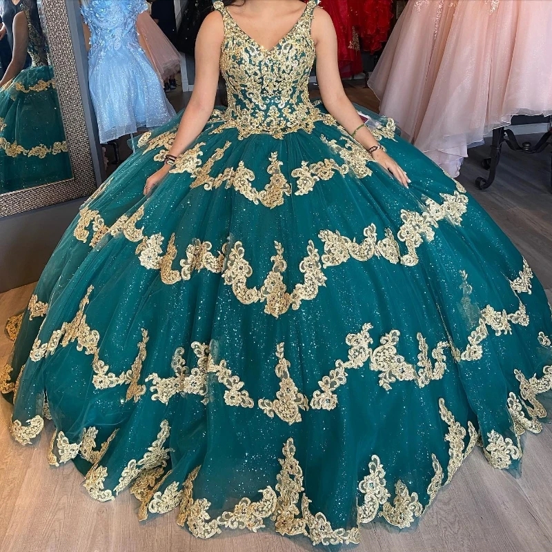 Emerald Green Ball Gown Quinceanera Dress Golden Lace Applique Beads XV Princess Vestidos De 15 Anos Party Birthday Sweet 16 Dres