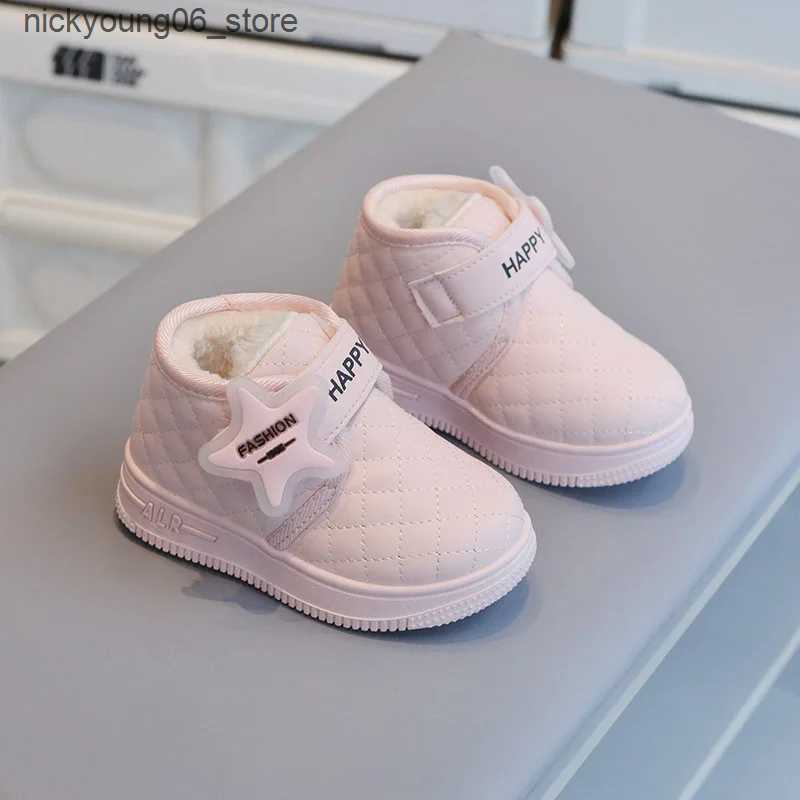 Boots Winter Plush Warm Boys Girls Snow Boots Star Solid PU Hook Loop Kids Cotton Shoes Soft Anti Slip Toddler Children Ankle Boots L240910