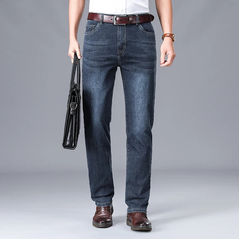 SpringSummer Mens Straight Lightweight Cotton Stretch Denim Business Casual High Waist Thin Grey Jeans 241008