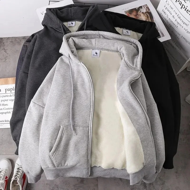 GIDYQ Winter Warm Jacket Womens Fashion Hoodie Casual Loose Zipper Korean Oversized BF Student Full Match Parkas Grey 241007