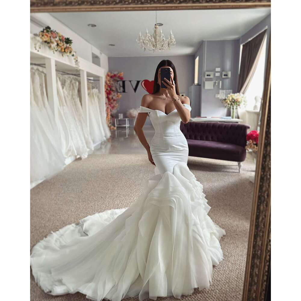 Mermaid Tulle Ruffle Wedding Dresses Long for Bride 2025 Off the Shoulder Court Train Bridal Dressess Gowns