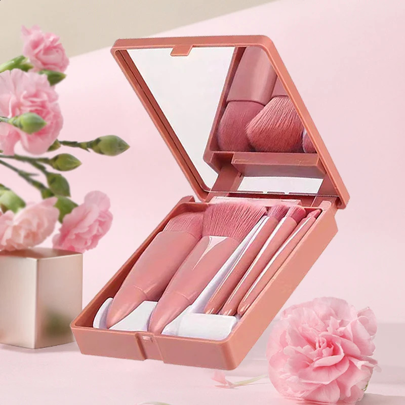5-piece portable cosmetic brush travel with mirror box cosmetic brush set loose brush powder blusher brush eye shadow brush 241008