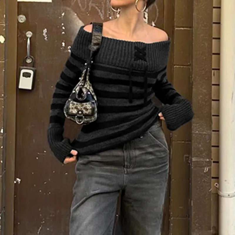 Y2K black striped sweater shoulder knit sweater ultra-thin slim fit top for women winter womens black gray sweater 240927