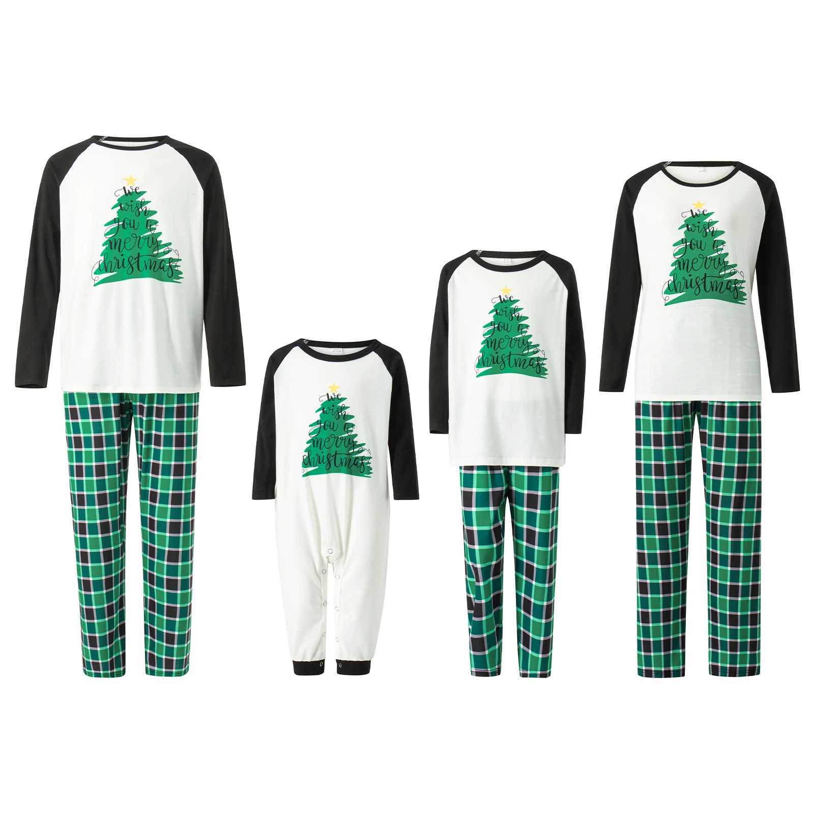 Family matching pajamas Christmas tree print long sleeved top and green flat bottomed pants pajamas adult and childrens clothing set W241008
