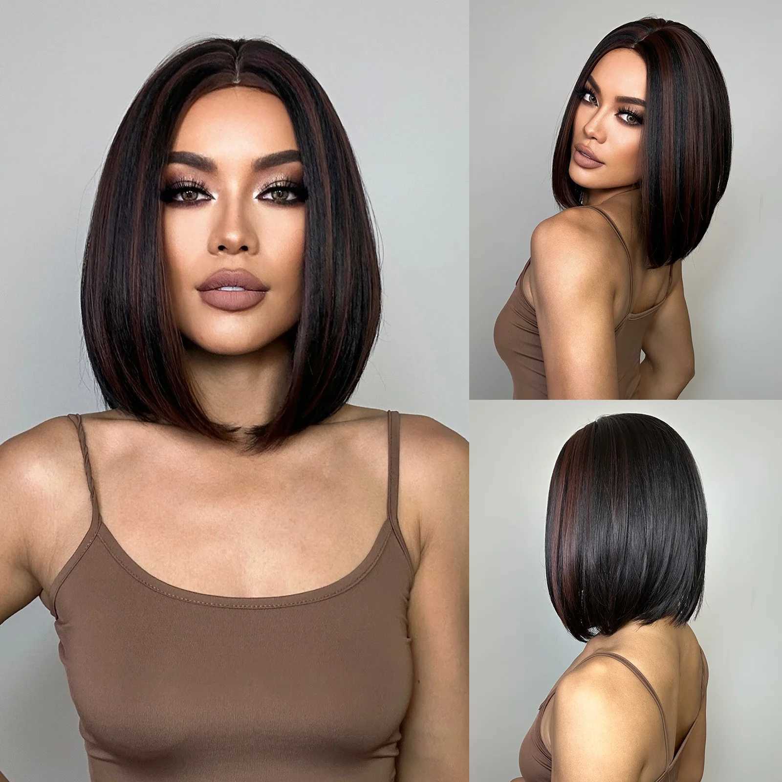 Middle Part Short Straight Bob Synthetic Wigs for Women Black with Brown Highlight Natural Hair Wig Daily Cosplay WigsXJ241008