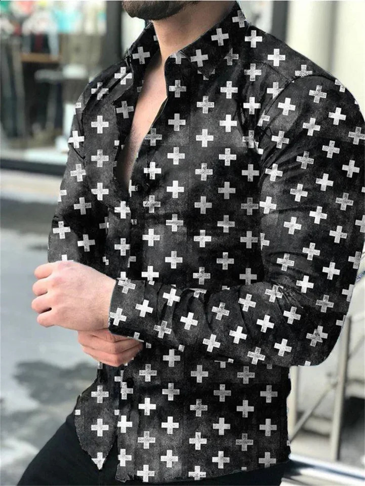Spring/Summer Autumn Fashion 3D Digital Printing Cross Pattern Button Mens Casual Long Sleeve Shirt Collar Top 241007