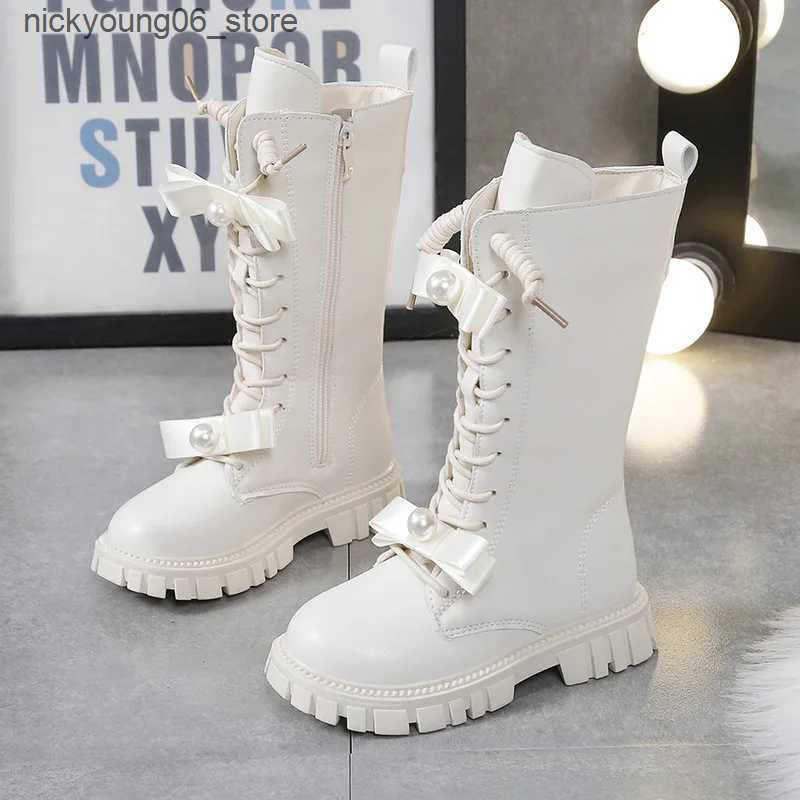 Boots Girls Boots Autumn Winter Warm Plush Princess Long Boots Fashion Pearl Bow Leather Boots Soft Bottom Anti Slip Kids Shoes Pink L240910