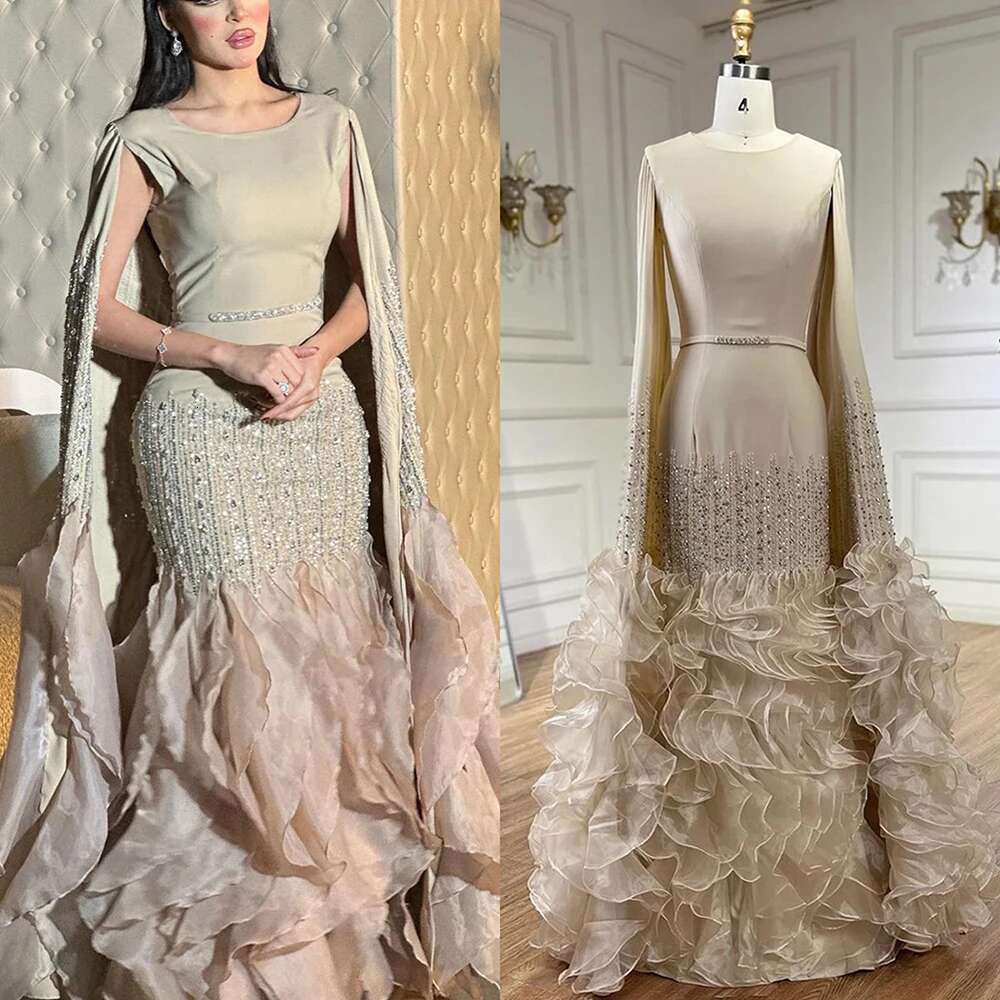 Arabic Caramel Mermaid Elegant Cape Sleeves Beaded Satin Evening Dresses Gowns For Women Party 2024