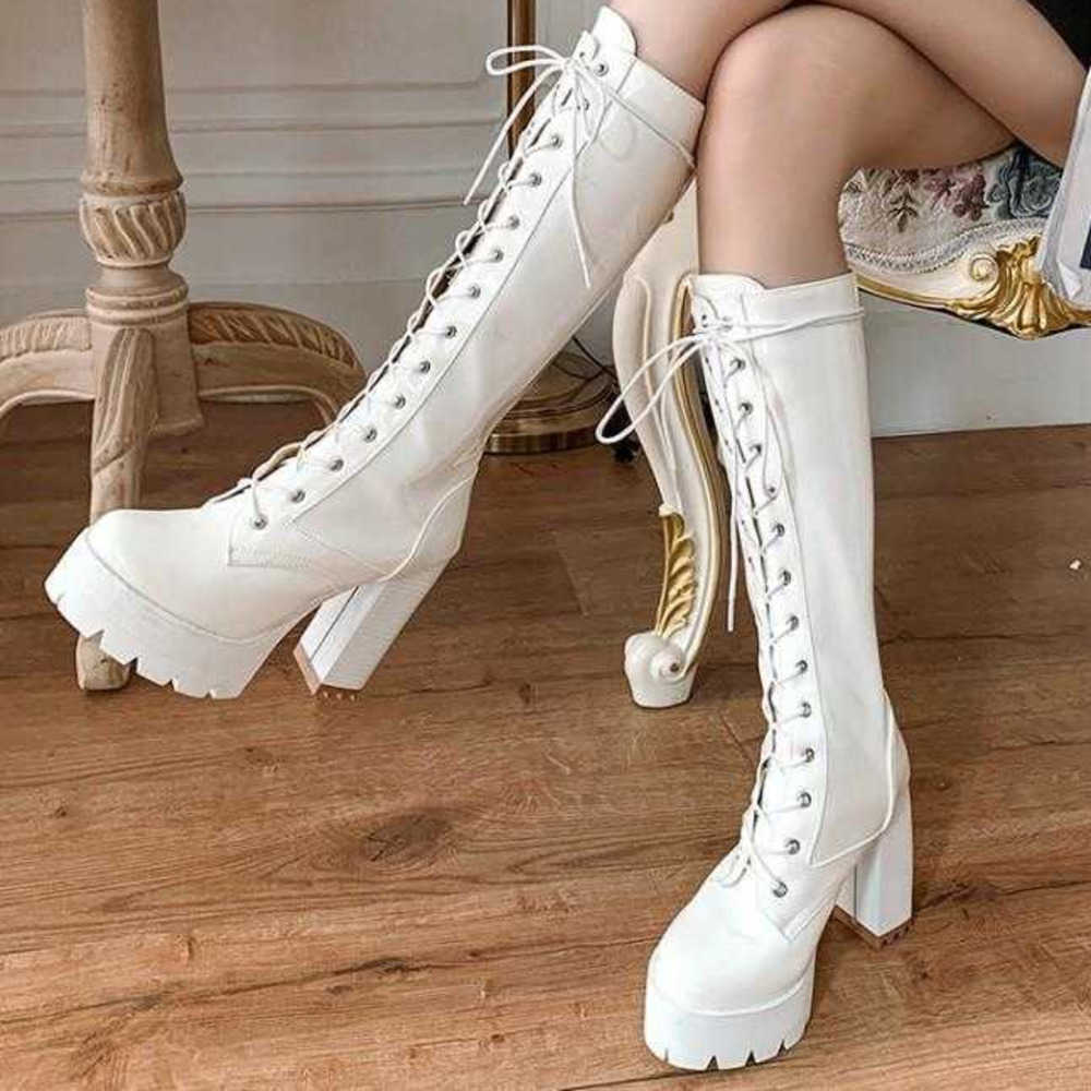Autumn Winter High Heel Martin Boots Thick Heel Boots Lace Up Womens Boots High Barrel Martin Boots Round Head Leather Thin Long Legged Boots 240826