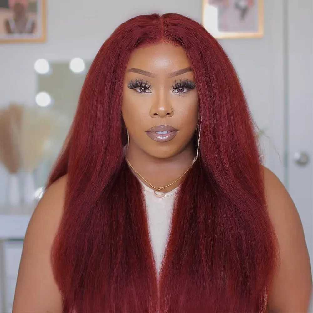 Long Brown Kinky Straight Wig Copper Red Yaki 28 30 inch Wigs For Women With Natural Hairline Hair Heat Temperature GluelessXJ241008