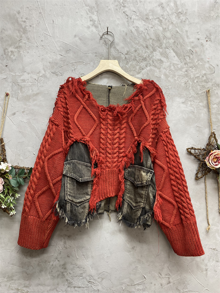 LYUZHE 2024 Autumn Winter New Denim Spliced Knitted Pullover Sweater Women Loose Large Size Show Slim Top Zxf376a