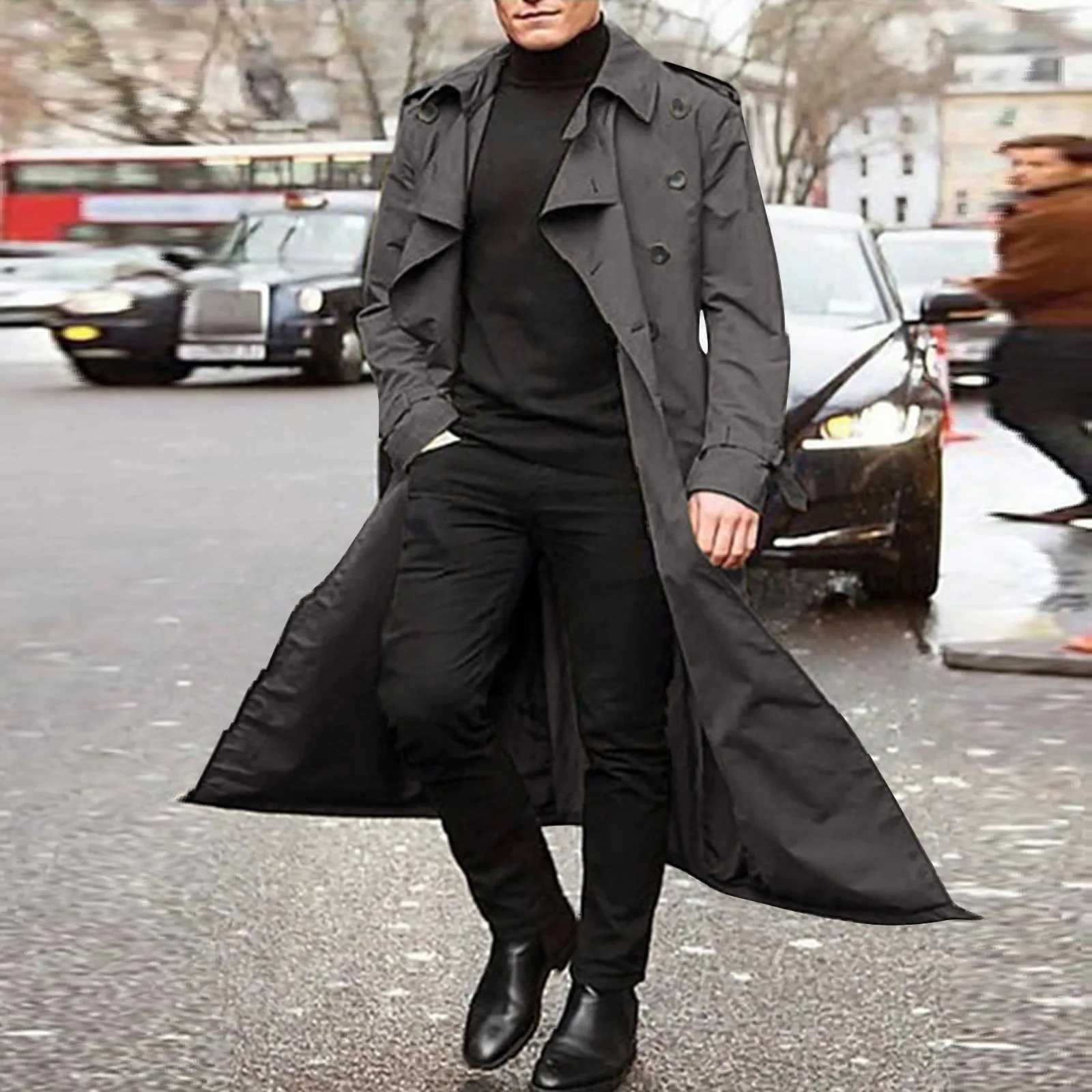 Mens coat autumn and winter fashion handsome long trench coat double chest coat street clothing party belt loose jacket W241007