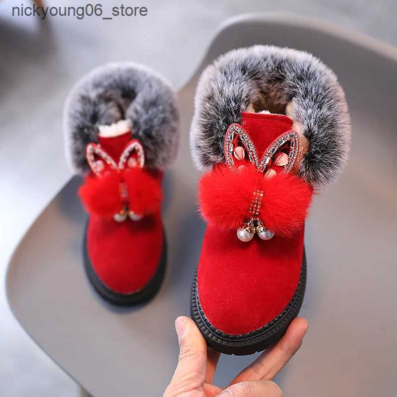 Boots Girls Snow Boots Kids Ankle Boots Sweet Cute Rabbit Ear Crystal Fluffy Smooth Fur Hairy Warm Thick Cotton Children Winter Boots L240910