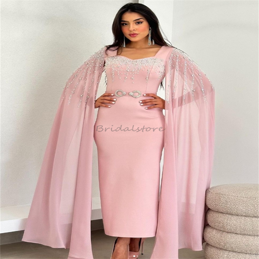 Dubai Abaya Pink Evening Dresses With Caped Sleeves Crystal Beaded Short Prom Dress Tea Length Satin Maxi Engagement Formal Birthday Cocktail Party Dr