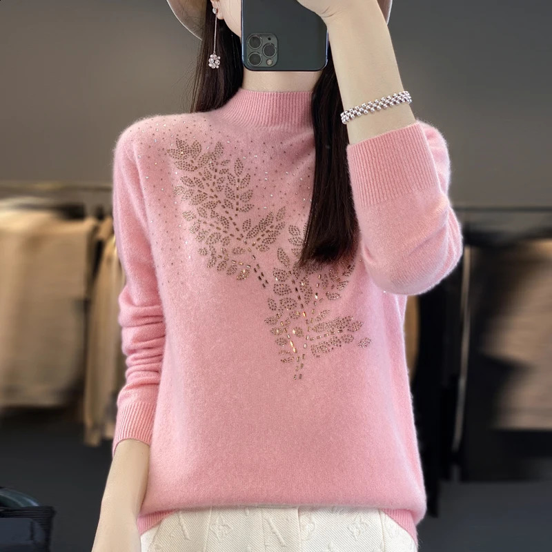 DjzDsm 100% Merino Pure Wool Womens Diamond Half Turtle Neck Sweater AutumnWinter Long Sleeve Knitted Top 241007