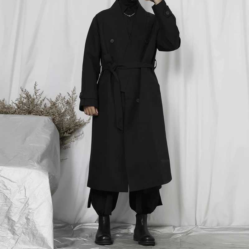 Mens long loose tie windbreaker 2022 spring fashion city trend new large double row button long knee casual jacket W241007