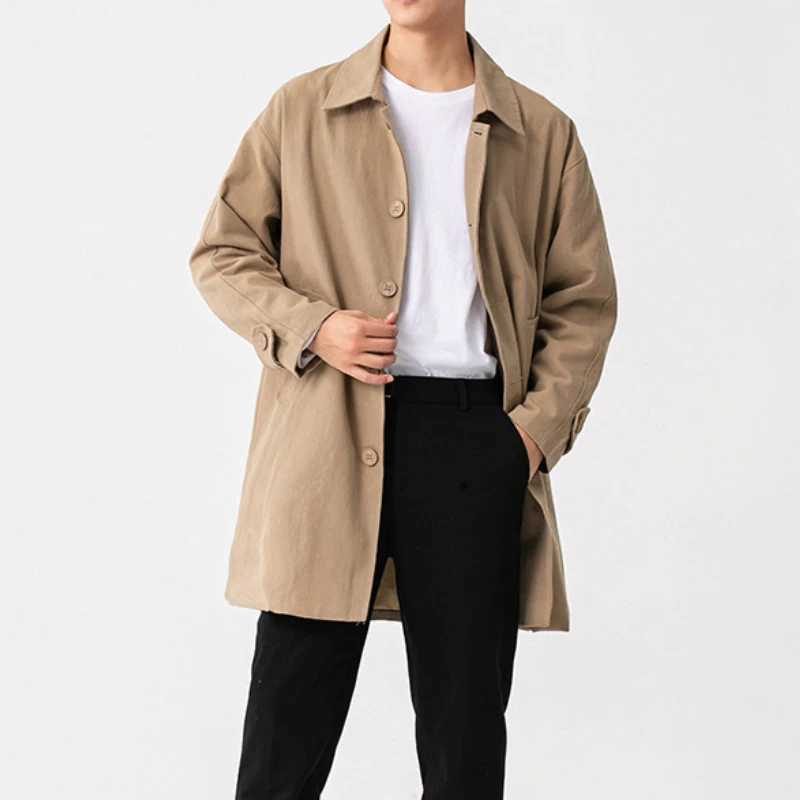 Mens Trench Loose Fashion City Business Leisure Mens Solid Color Medium to Long Japanese Style Youth Luxury Khaki Windbreaker W241007