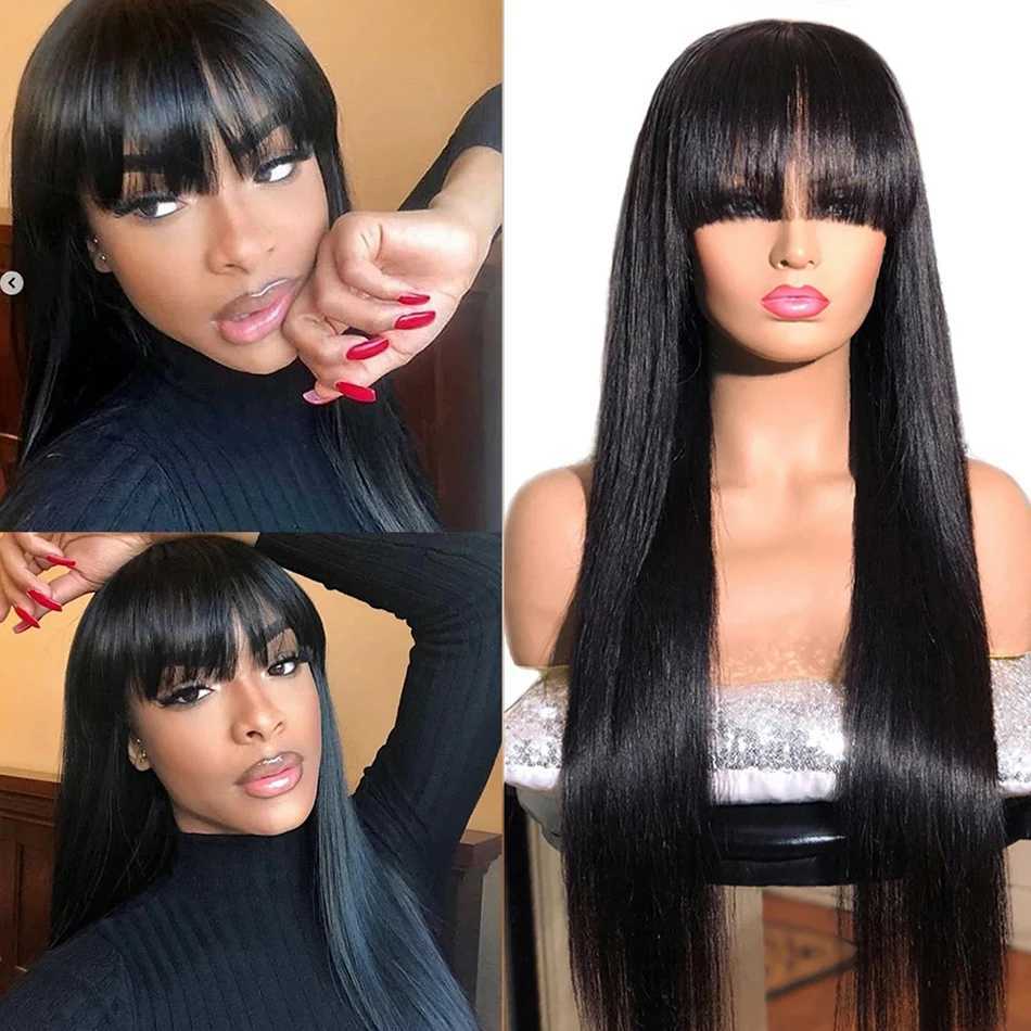 Brazilian Bone Straight Long 100% Human Hair Wigs With Bangs Natural Black Fringe Wig With Bangs For Women cheap wigs on SaleXJ241008