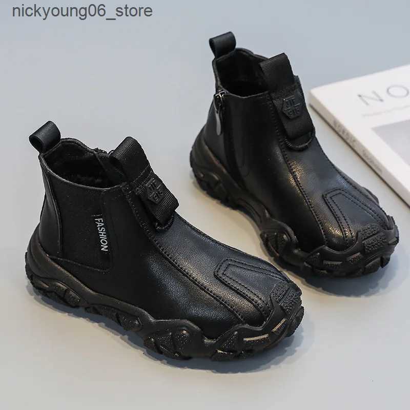 Boots Kids Leather Boots High Quality Plus Cotton Warm Winter Snow Boot Black Non-slip Soft Sole Boy Shoes Zipper Children Ankle Boots L240910