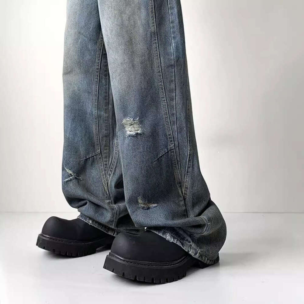 American Washed Denim Jeans For Men In Autumn, Loose Fit, Oversized, Wide Leg, High Street, Rugged And Handsome, Dirty And Worn Straight Leg Pants 1Ed