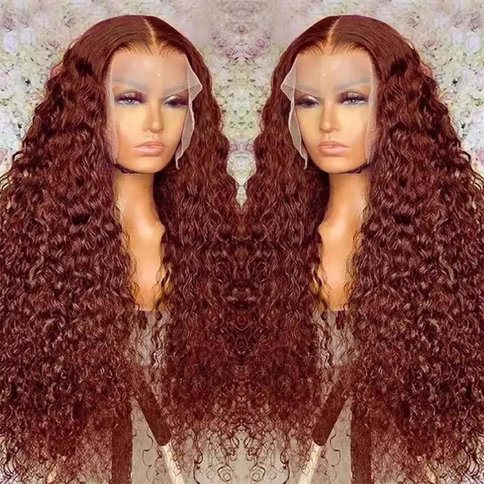 30 34 38 Inch Reddish Brown Deep Wave Frontal Wig 13x4 13X6 HD Lace Frontal Wig Colored Curly Lace Closure Front Human Hair WigsXJ241008