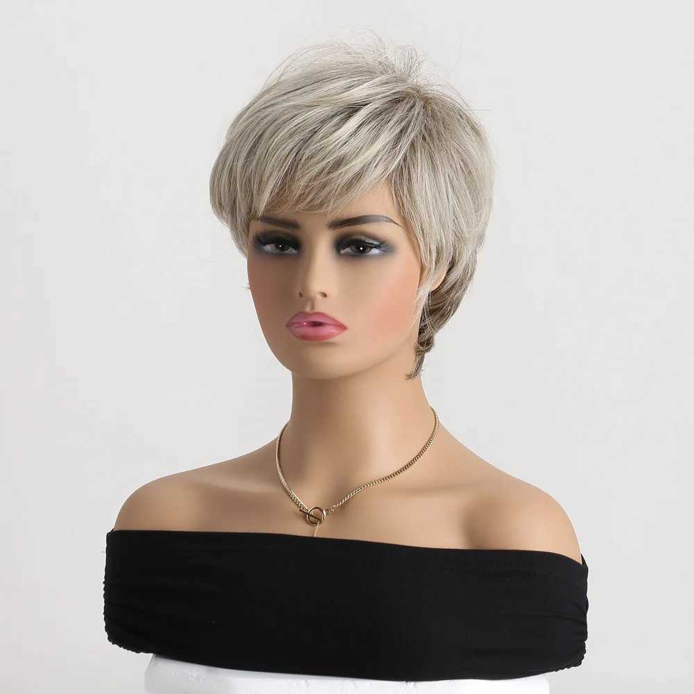 Short Wig Brown Mixed Blonde Synthetic Wigs Straight For Women Hair With Bangs Hair Breathable Rose Mesh Daily Party Cosplay UseXJ241008