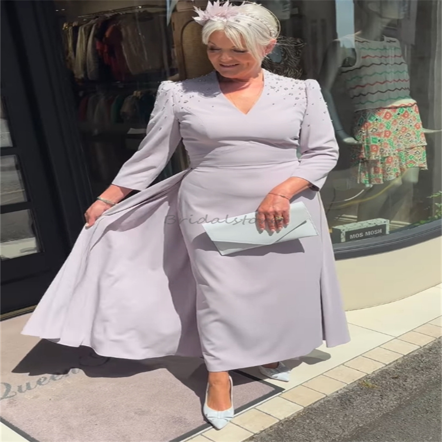 Modern Lilac Mother Of The Bride Dress With Sleeves Elegant V Neck Satin Short Wedding Guest Dress Beaded Vestidos De Fiesta Groom Mom Evening Party G