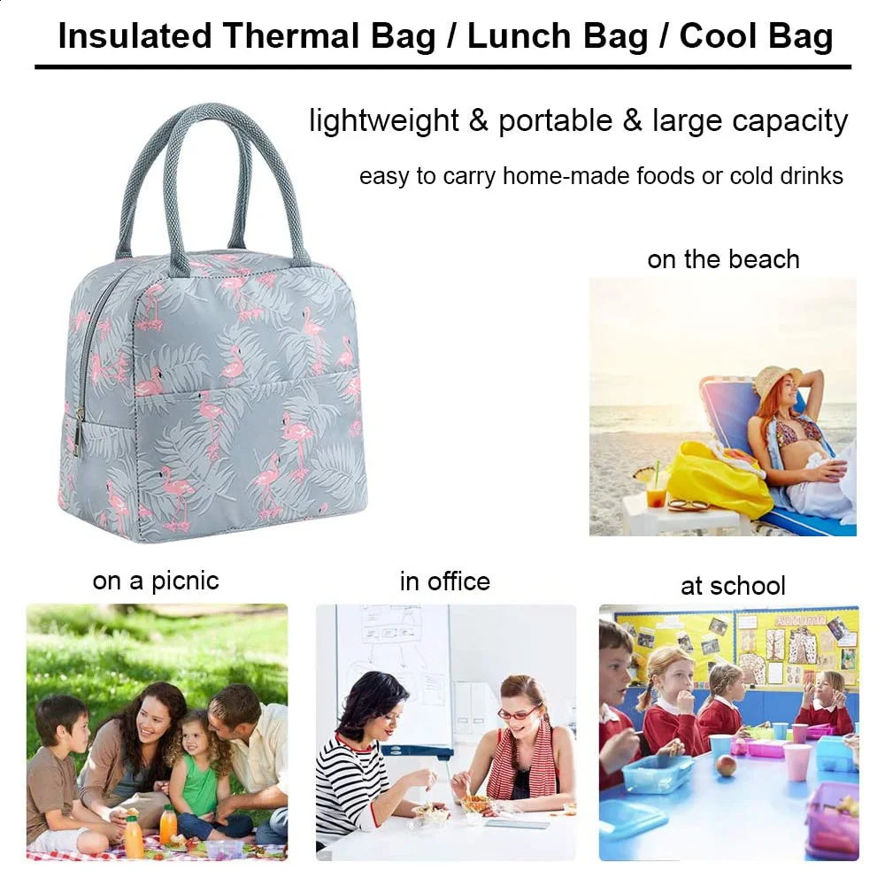 Portable Thermal Lunch Bag Waterproof Insulated Box Bento Pouch Dinner Insulation Student Thickened Flamingo 240925
