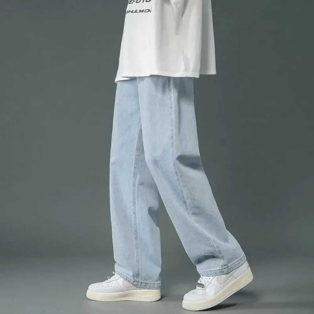 2024 New Hong Kong Style Solid Color Trendy Brand Loose Wide Leg Straight Pants Spring/Summer Retro Mens JeansW240715