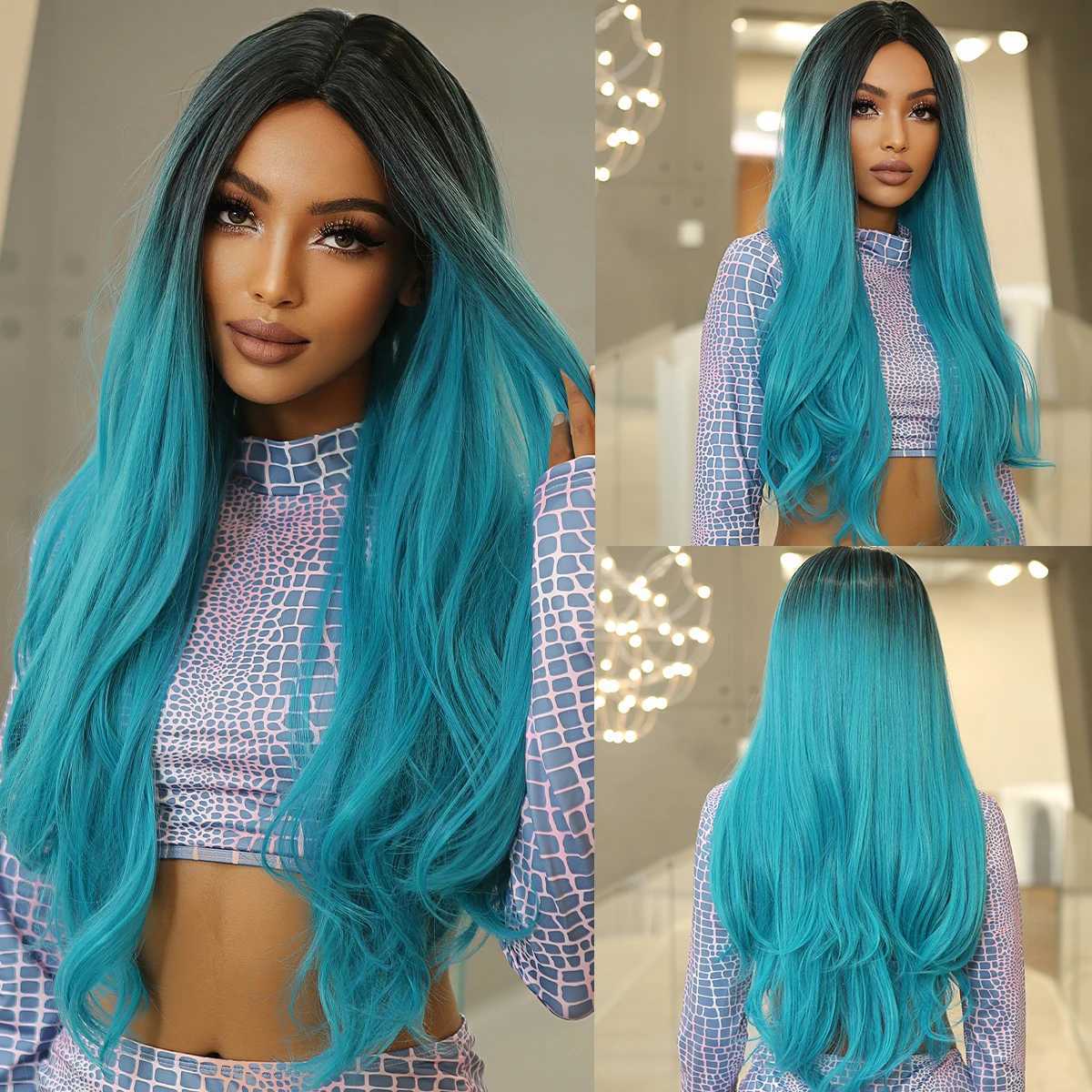 Blue Ombre Long Wavy Synthetic Wigs for Women Cosplay Wig Body Wave Natural Hair Wigs Christmas Party Heat Resistant Fake HairXJ241008