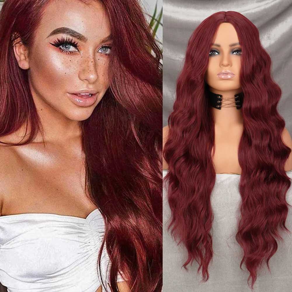 Long Wavy Wine Red Synthetic Wig Womens Heat-Resistant Natural Half Part Cosplay Party Lolita WigXJ241008