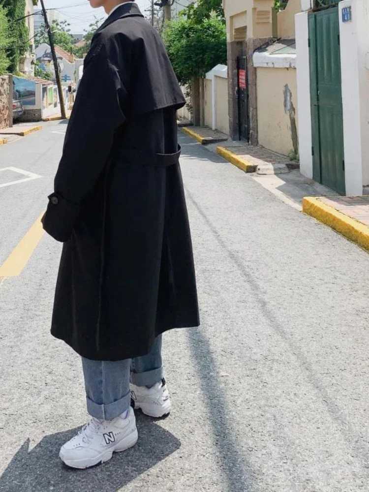 Gmiixder Spring Black Windproof Mens Medium length Trench Coat Trend Casual Personalized Long Jacket Japanese Temperature Apricot Tree Top W241007