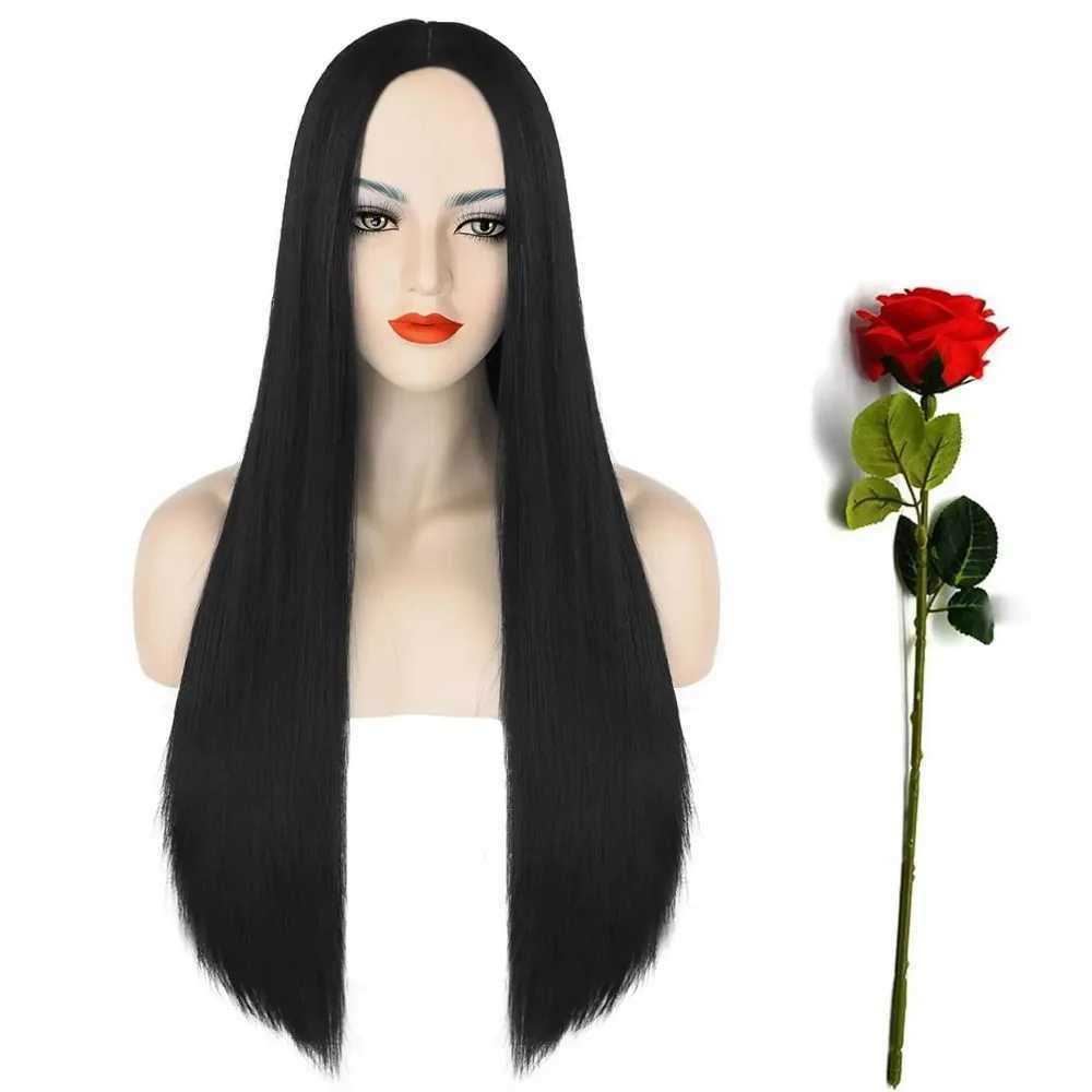 40inch Black Synthetic Wig Morticia Addams Costume Long Natural Straight Wednesday Wigs for Women Halloween PartyXJ241008