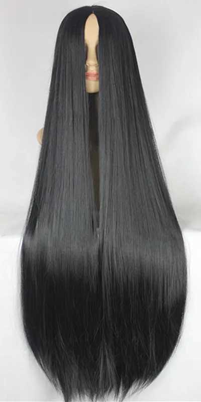 Fei-Show Black Wig 100CM/40 Inches Synthetic Heat Resistant Fiber Long Halloween Carnival Costume Cos-play Straight HairXJ241008