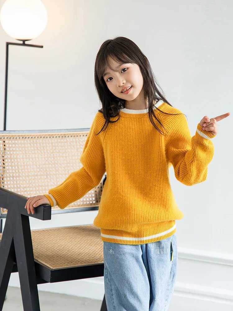 Children 100% Wool Color Match Crewneck Fisherman Rib Pullover Boys Girls Kid Heavy Sweater Teenager Tops Jumper WinterXJ241008