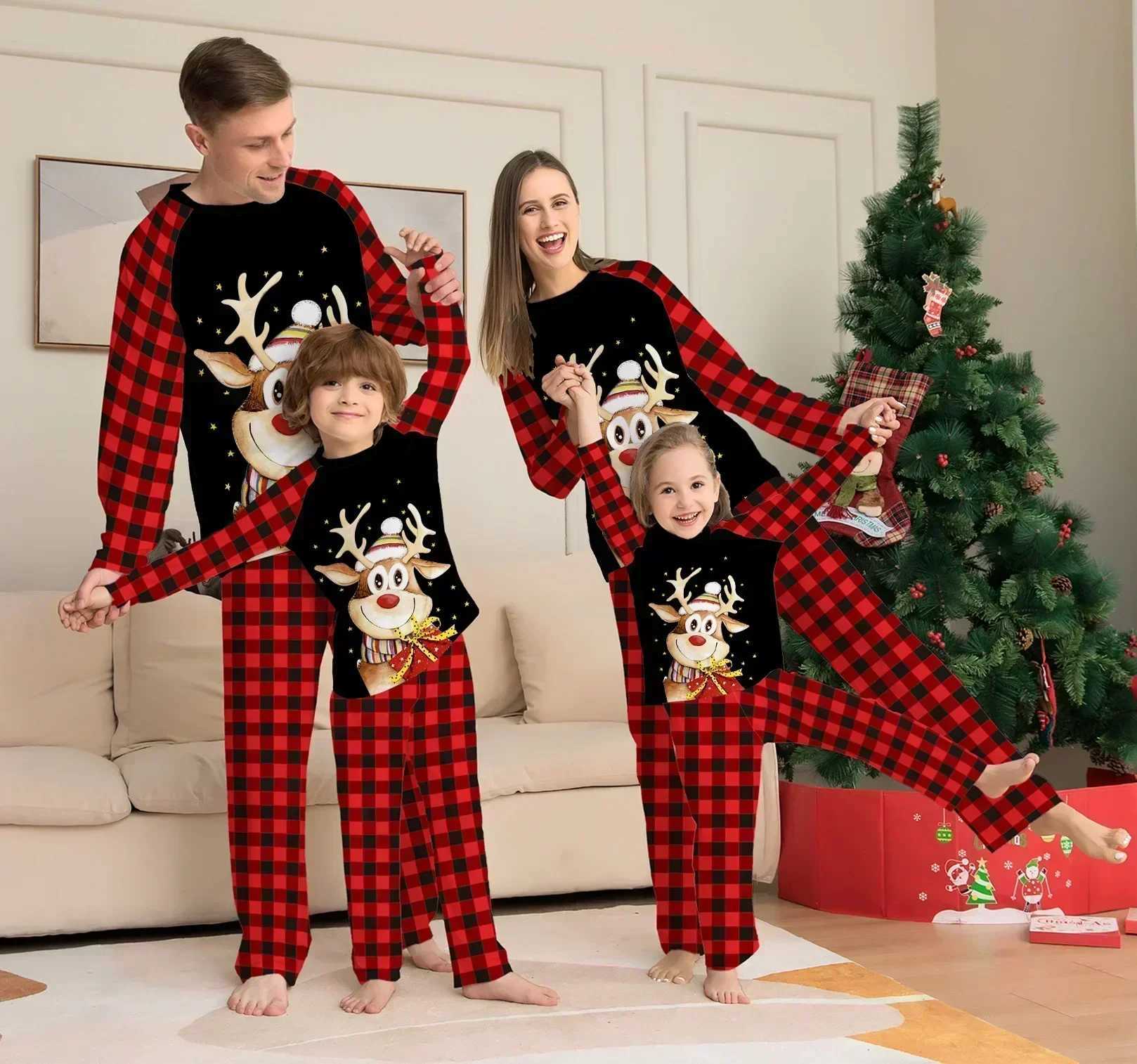 2024 New Years Clothing Christmas Pajama Set Elk Print Mother Father Child Matching Clothing Cute Soft 2-piece Pajama Christmas Appearance W241008
