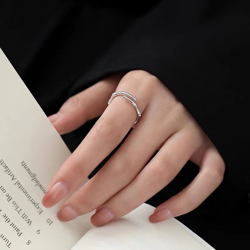 bamboo with female niche design, index finger light luxury tail plain ring, and open mouth ring