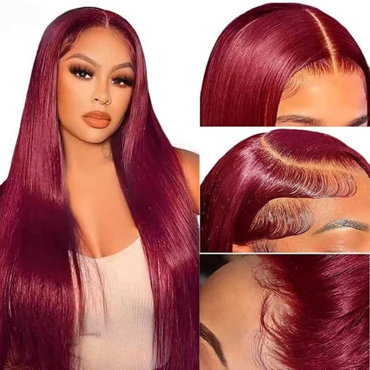 99J Red Burgundy Color Long Skily Straight 13X4 Lace Frontal Synthetic Wig For Women Heat Resistant Fiber Daily Party CosplayXJ241008