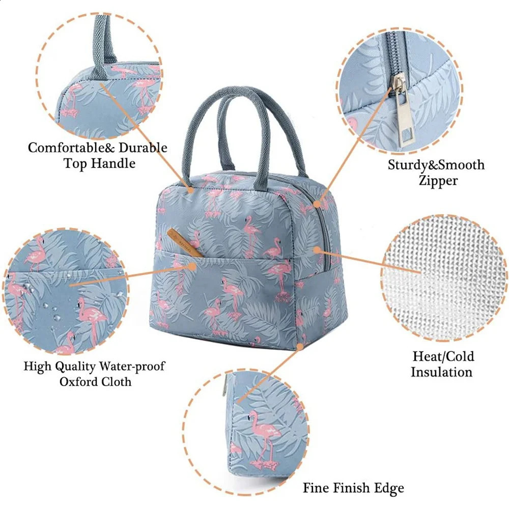 Portable Thermal Lunch Bag Waterproof Insulated Box Bento Pouch Dinner Insulation Student Thickened Flamingo 240925
