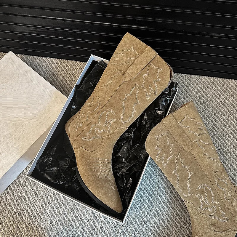 Wedge heel ankle boots womens winter classic Chelsea boots womens cowhide toe denim Western style boots embroidered shoes 241007