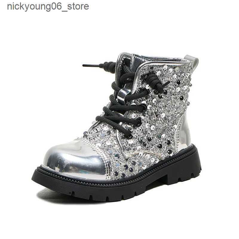 Boots 2024 Autumn New Girls Ankle Boot Sequins Versatile Kids School Black Boots Fashion Causal Children Leather Boots soft sole L240910