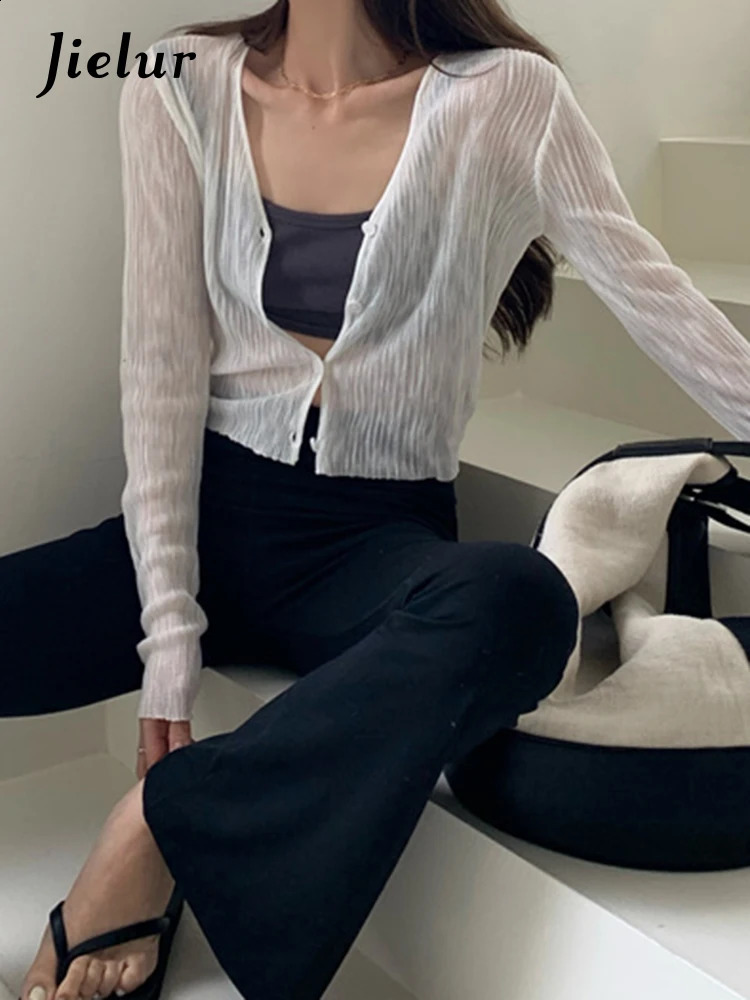 Jielur Autumn Loose Slim Cardigan Woman Casual Simple Basic Solid Color Womens White Black Street Female 240924