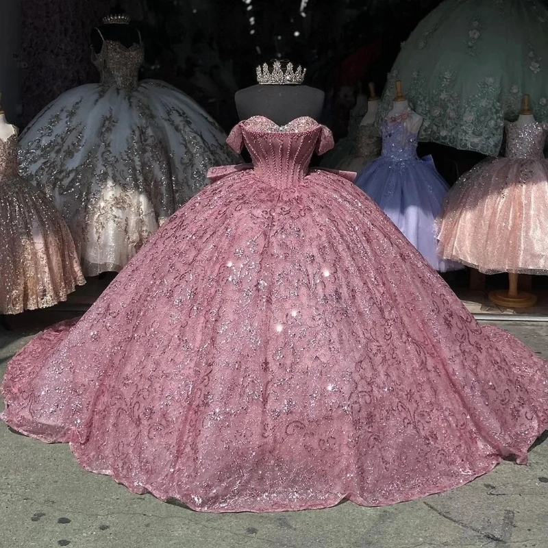 Pink Shiny Quinceanera Dress Off The Shoulder Sweet 16 Dress Lace Beading Crystal Tull Graduation Party Princess Dress Vestidos 15 De Anos