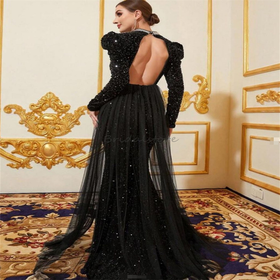 Glitter Black Mermaid Prom Dresses With Train Elegant Mermaid Sequin Evening Dress Dubai Abaya Muslim Formal Occasion Birthday Dress Beaded Open Back 
