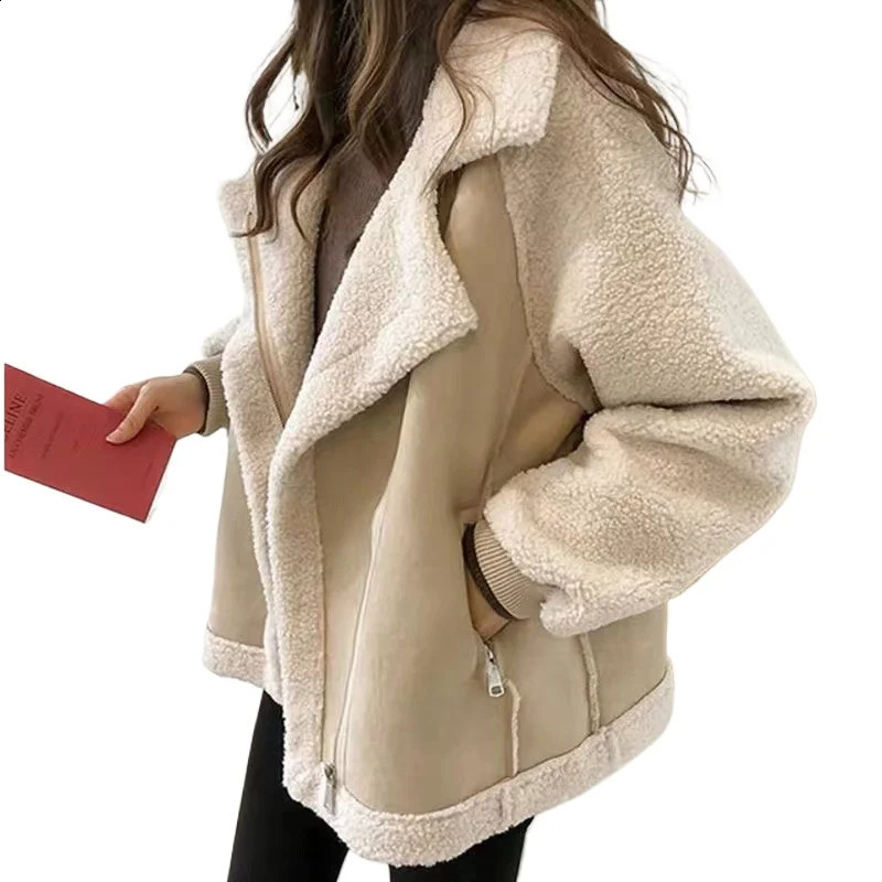 Sheepskin coat model thick warm fur as loose deer velvet jacket womens clothing zipper comfortable skin friendly 241007