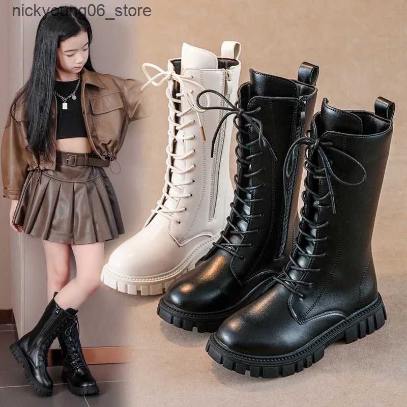 Boots Girls Princess High Boots Black Beige Versatile Kids Causal Boots Spring Autumn Non-slip Childrens Long Boots Solid Color PU L240910