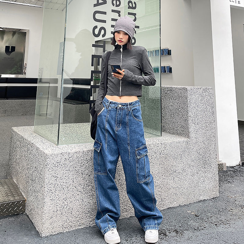 American New Style Retro Multi-Pocket Casual Overalls Y2k Women Low-Waist Hip-Hop Slim Loose Couple Straight Pants