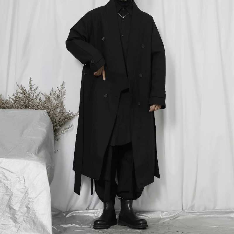 Mens long loose tie windbreaker 2022 spring fashion city trend new large double row button long knee casual jacket W241007